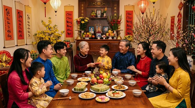 Vietnamese Family Celebrating Lunar New Year Together Around a Festive Dinner Table.