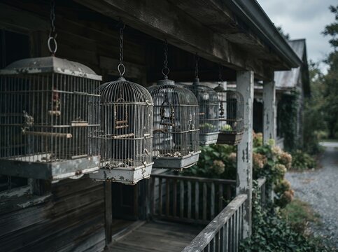 Vintage bird cages hanging on a wooden porch in a row.
