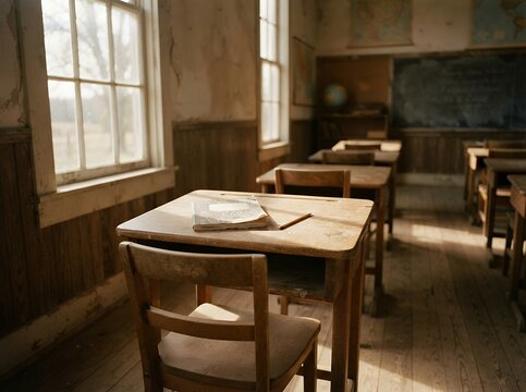 Vintage Classroom Desks and Chalkboard in Old Schoolhouse.