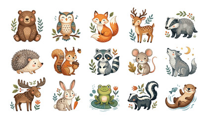 Obraz premium Cute woodland animals collection vector illustration featuring adorable forest wildlife characters isolated on a solid white background.