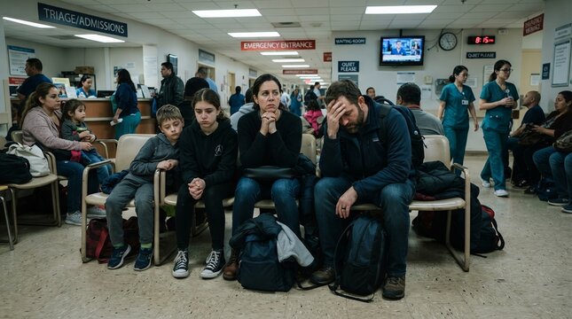 Worried family waits in hospital emergency room for medical attention.
