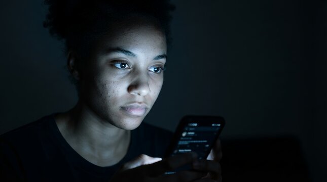 Young Woman Illuminated by Smartphone Screen in Darkness.