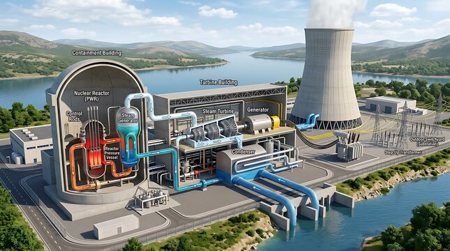 Detailed 3D Infographic Diagram of a Pressurized Water Reactor Nuclear Power Plant Infrastructure