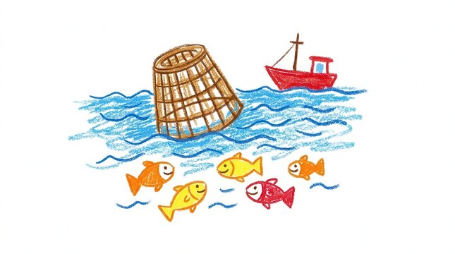 Colorful hand drawn crayon illustration of fish trap basket in water with fish and sun, cute children's book style ocean artwork design