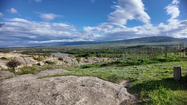 Uplistsikhe ancient rock-hewn town showing burgeoning vineyard and green grass with hills, a river, and adistant valley under cloudy sky, highlighting historical agriculture in Georgia near Gori city