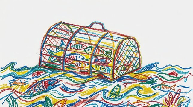 Colorful hand drawn crayon illustration of fish trap basket in water with fish and sun, cute children's book style ocean artwork design