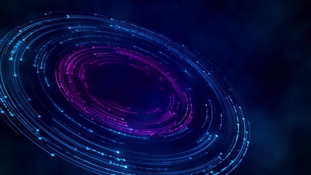 Blue and magenta light trails form layered orbital rings over a deep navy surface, creating a sleek futuristic vortex with luminous dots, circular motion, open center space, and vividly digital depth.
