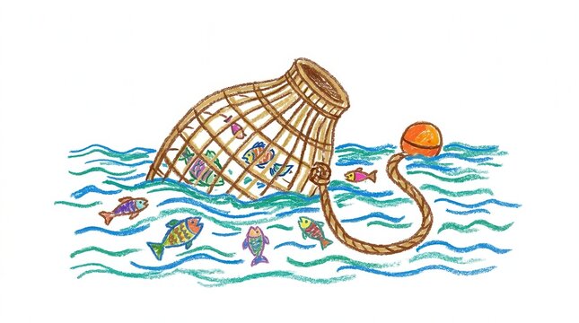 Colorful hand drawn crayon illustration of fish trap basket in water with fish and sun, cute children's book style ocean artwork design