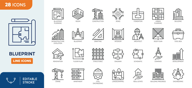 Blueprint line editable icon set. Containing blueprint, architecture, construction, design, interior, planning, engineering, and more. editable stroke. Vector illustration