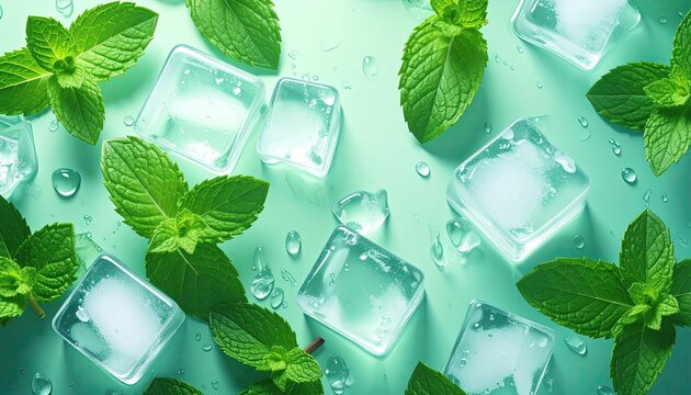 Fresh Mint Leaves and Ice Cubes on Mint Green Background