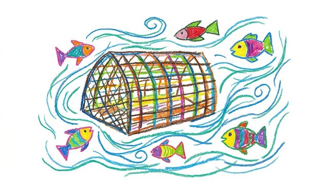 Colorful hand drawn crayon illustration of fish trap basket in water with fish and sun, cute children's book style ocean artwork design