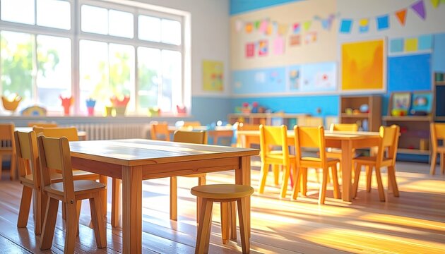 Bright Classroom Nursery Tables Chairs Sunlit Space