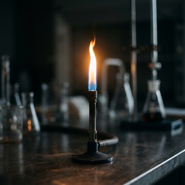 Bunsen burner flame in a laboratory setting with scientific equipment.
