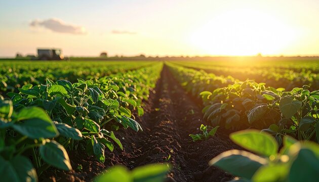 Rows of Green Beans Growing in Farm Field at Sunset