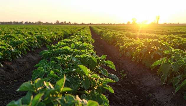 Sunny Field Rows of Green Plants in Farm at Sunset