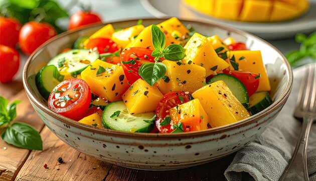 Colorful Mango Tomato Cucumber Salad in Ceramic Bowl