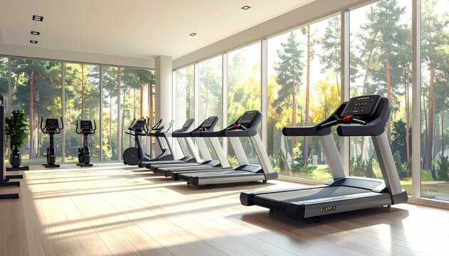 Bright Modern Gym Treadmills Rowed by Large Windows in Sunlit Space