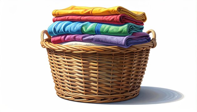 Colorful Folded Towels in Woven Basket on White