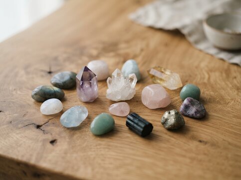 Collection of Healing Crystals and Gemstones on a Wooden Table.