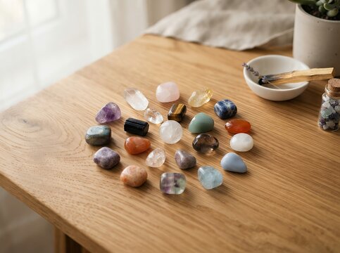 Collection of polished healing crystals arranged on a wooden table.