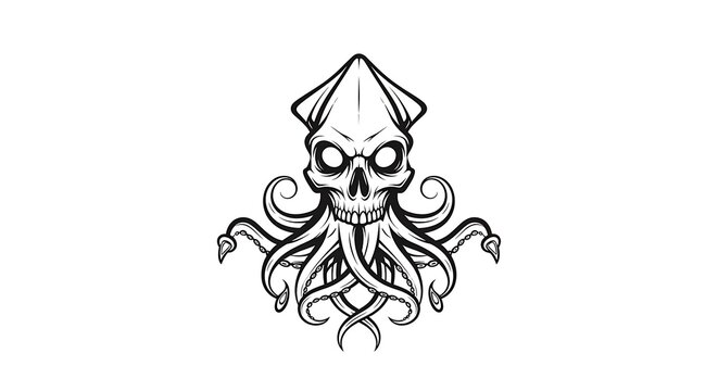 Black and White Skull Squid Illustration Centered on Plain White Background