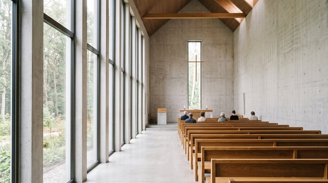 Minimalist modern church interior with wooden pews and natural light