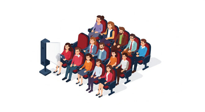 Diverse Audience Enjoys Movie in Modern Cinema Theater, Isometric Vector Illustration