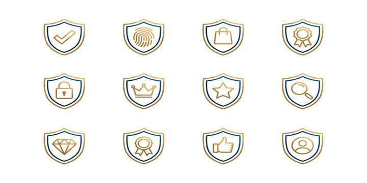 A collection of twelve hand drawn sketch style shield icons featuring various business and finance related symbols and elements
