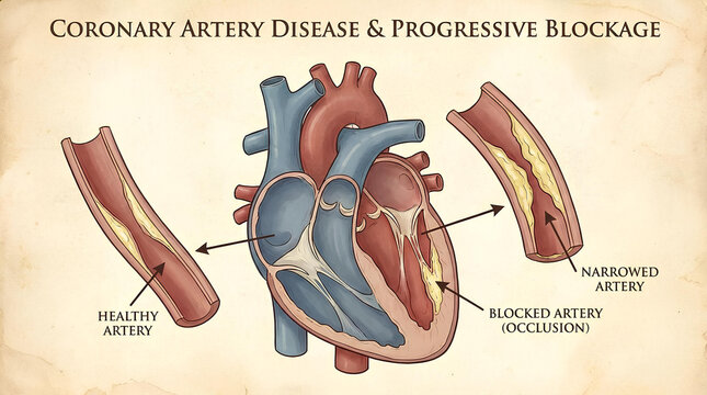 Detailed medical diagram of coronary artery disease and blockage