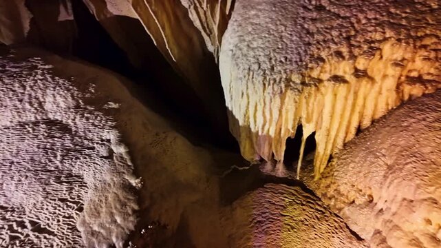 Scenic sparkling cavern formations glisten deep inside Crystal Cave in Sequoia National Park