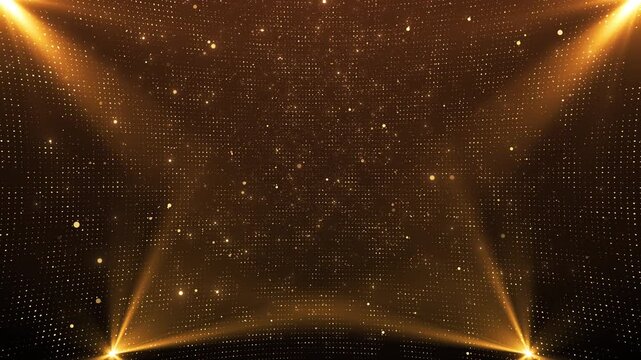 Golden spotlights rise from lower corners across a darker particle stage, while countless glowing dots form a radiant grid with open center space for awards, celebrations, concerts, and luxury events.