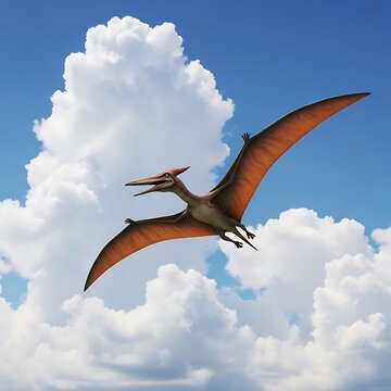 Pterosaur prehistoric reptile flying through the sky with clouds