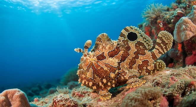 Camouflaged Frogfish Resting on Colorful Coral Reef Under Clear Blue Ocean Water