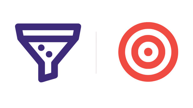 Business icons of a blue filtering funnel and red bullseye target separated by a vertical line