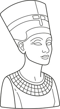 Desenho animado da rainha eg&iacute;pcia Nefertiti, contorno &agrave; m&atilde;o livre, ilustra&ccedil;&atilde;o em estilo doodle para colorir, ideal para crian&ccedil;as.
