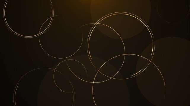 Thin golden circles overlap across a deep brown background, creating a minimal geometric composition with elegant curves, soft tonal shapes, open areas, and refined luxury suited to all modern design.