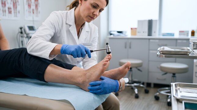 Female doctor performing neurological reflex test on patient foot in clinic.