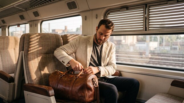 A young businessman sitting in a passenger train car opening his brown leather bag while commuting during sunset