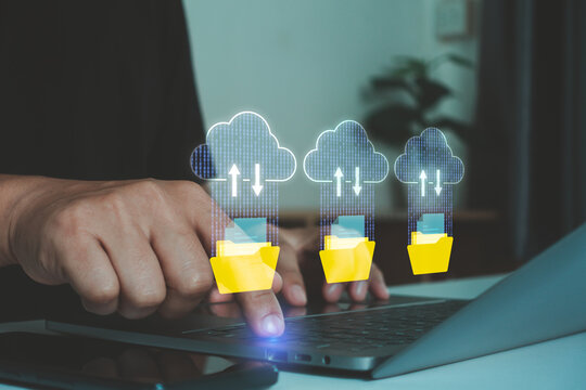 Cloud data storage concept showing a laptop user managing digital files with cloud upload and download icons, representing online backup, file sharing, synchronization and secure data management.
