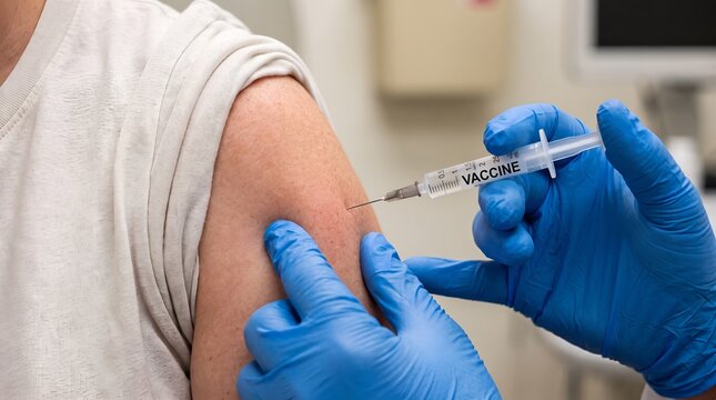 Healthcare professional injecting vaccine into patient arm for immunization.