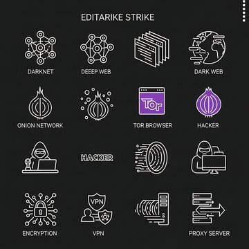 Dark Web Cybersecurity Icons Arranged on Black Digital Interface
