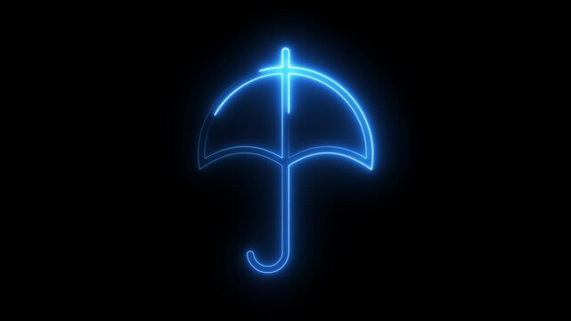 Neon blue umbrella icon glowing against dark background animation for weather forecast app.