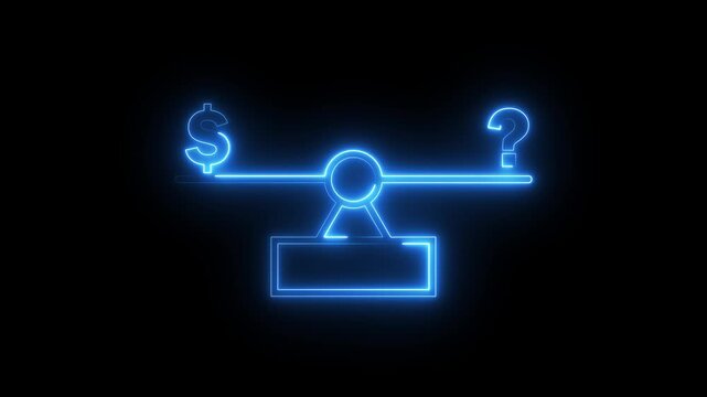 Neon blue light animation depicting dollar sign and question mark on balance scale motion.