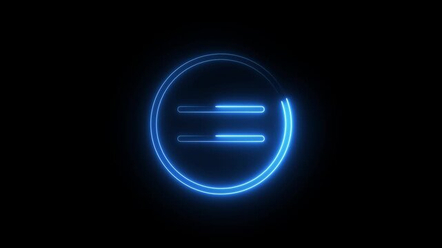 Neon blue glowing equal sign symbol rotating in circle frame isolated on black background.