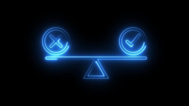 Neon blue scale balance icon showing cross and check marks for decision making concept.