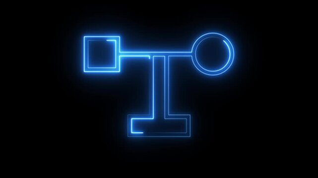 Neon glowing wind vane symbol animation for weather forecast reports on black background.