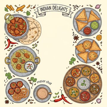 Assortment of traditional indian dishes on a menu background