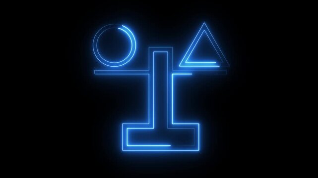 Neon scale balance icon glowing blue line animation weighing circle and triangle shapes.