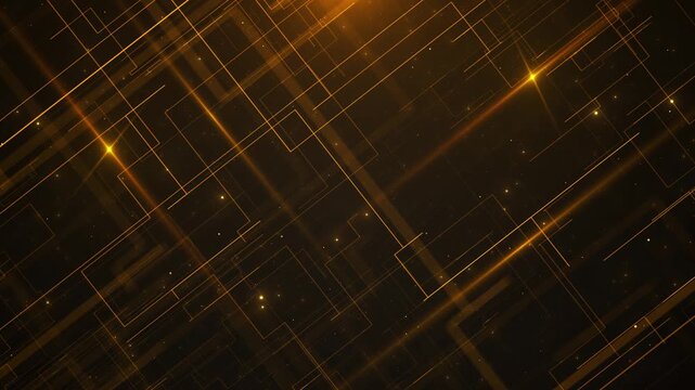 Golden geometric lines and glowing intersections travel across a shadowy background in layered diagonal paths, creating a refined 19 pattern with precise structure and elegant cinematic depth.
