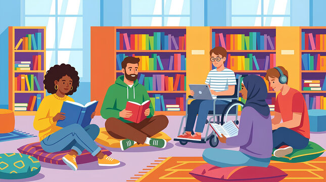 Diverse people reading books in modern library setting.
